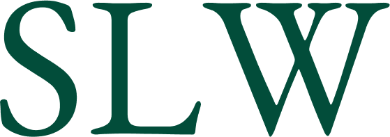 The image shows the capital letters "SLW" in large, dark green serif font on a light background.