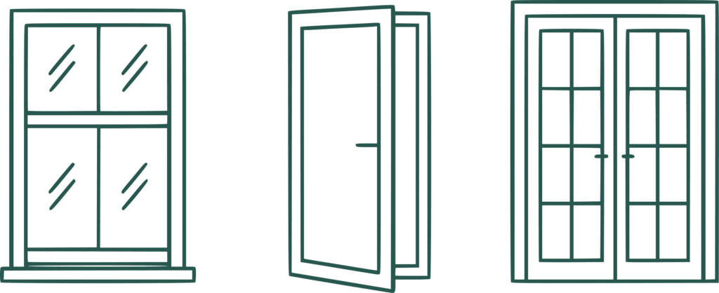 Three outlined illustrations: a double-hung window, an open single door, and a set of closed French doors with glass panes, ideal for Sash Window Repair South London.