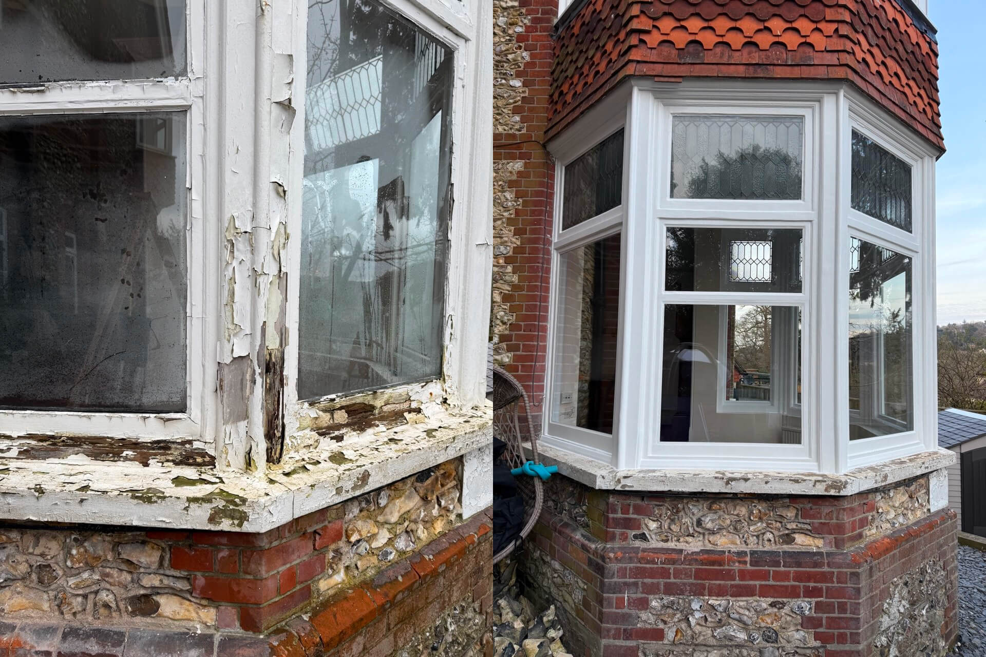Two bay windows on a brick house: the left shows peeling paint and rot, whilst the right features fresh paint and clean glass after Sash Window Repair South London.