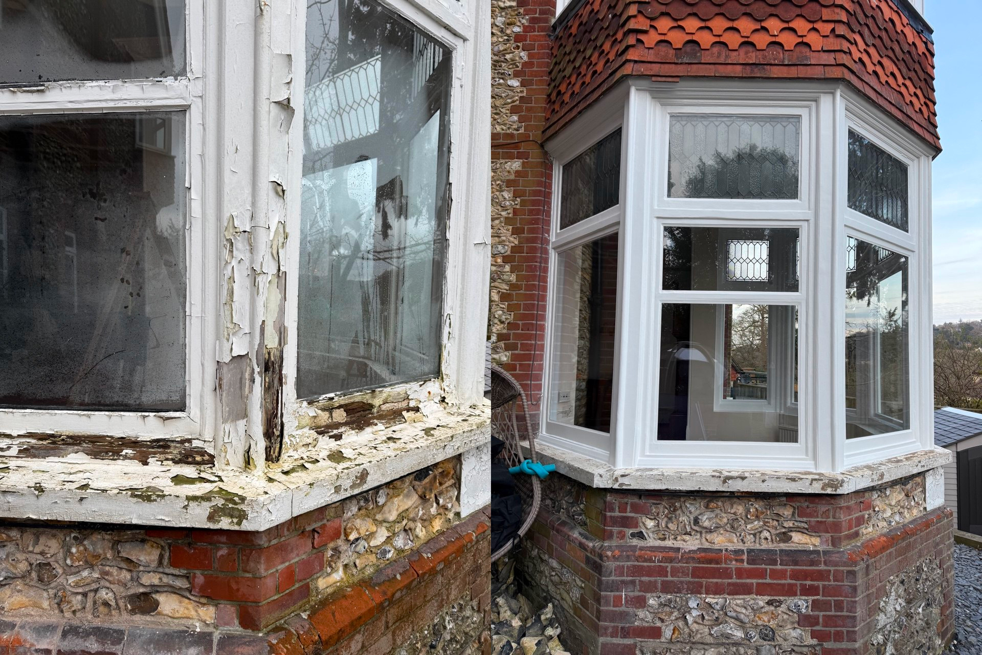 Two adjacent bay windows: one with peeling paint and decayed wood, the other recently restored with fresh paint and intact wood by expert Sash Window Repair South London specialists. Both set in a brick and flint wall.