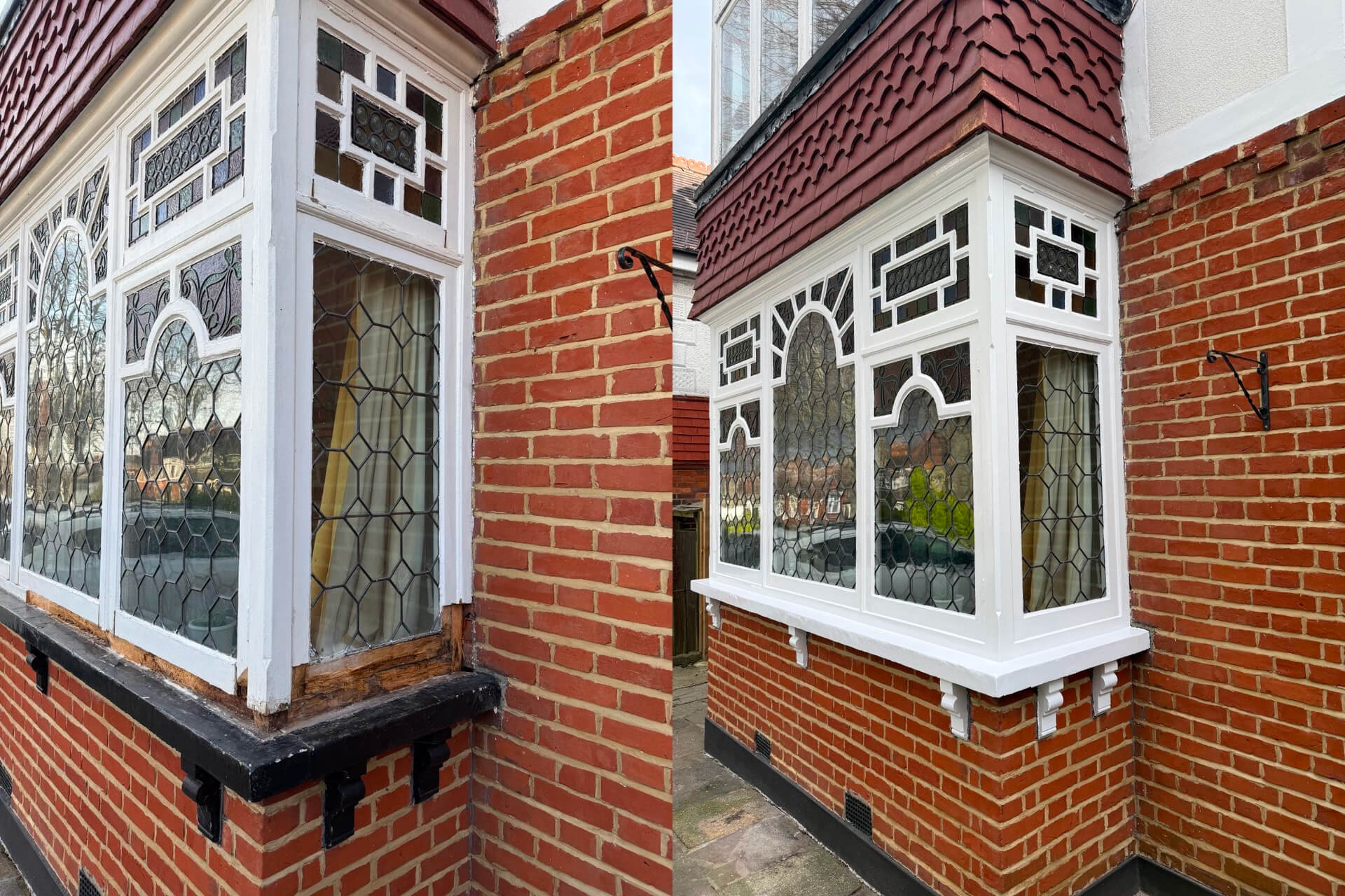 Two views of a house’s corner bay window with white wooden frames, geometric leaded glass, and red brick walls. One view shows peeling paint and timber damage on the sill, highlighting the need for Sash Window Repair South London expertise.