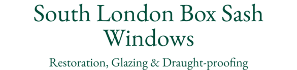 Text reads "South London Box Sash Windows. Sash Window Repair South London, Glazing & Draught-proofing" in green font on a plain background.