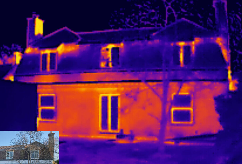 Thermal image of a house showing heat loss patterns; warmer areas appear yellow and orange, cooler areas appear purple and blue. Inset shows the house in visible light, highlighting the need for Sash Window Repair South London.