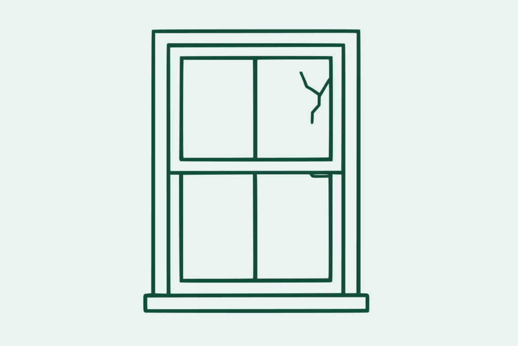 Simple illustration of a double-hung window with a crack in the top right pane of glass.