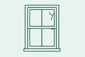 Simple illustration of a double-hung window with a crack in the top right pane of glass.