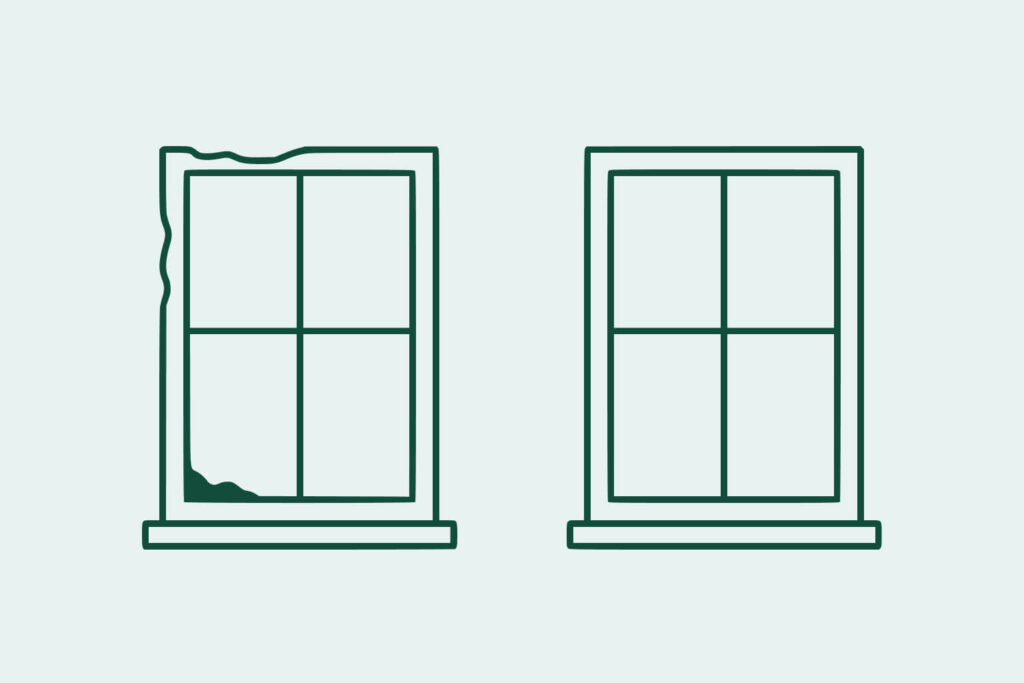 Two window frames side by side; the left window is warped and damaged, whilst the right window is intact and straight.