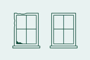 Two window frames side by side; the left window is warped and damaged, whilst the right window is intact and straight.