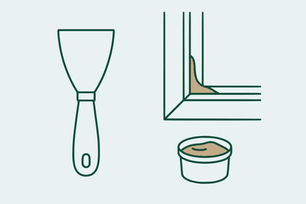 A filling knife, a container of putty, and a window frame corner with putty applied are shown in a simple line drawing.